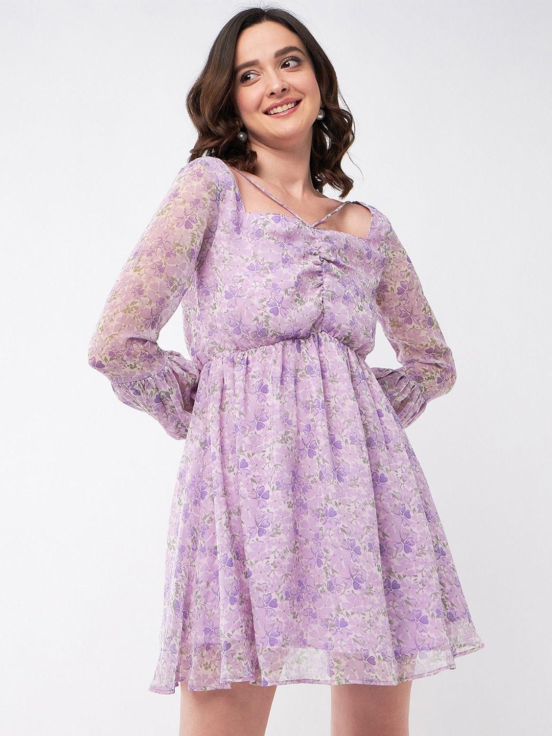 magre-lavender-floral-printed-square-neck-ruched-fit-&-flare-dress