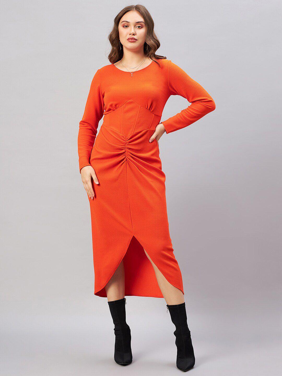 antheaa-orange-gathered-sheath-midi-dress