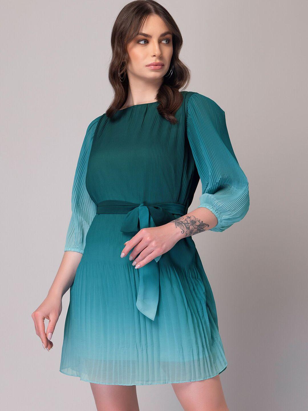 faballey-green-accordion-pleats-detailed-boat-neck-puff-sleeves-a-line-dress
