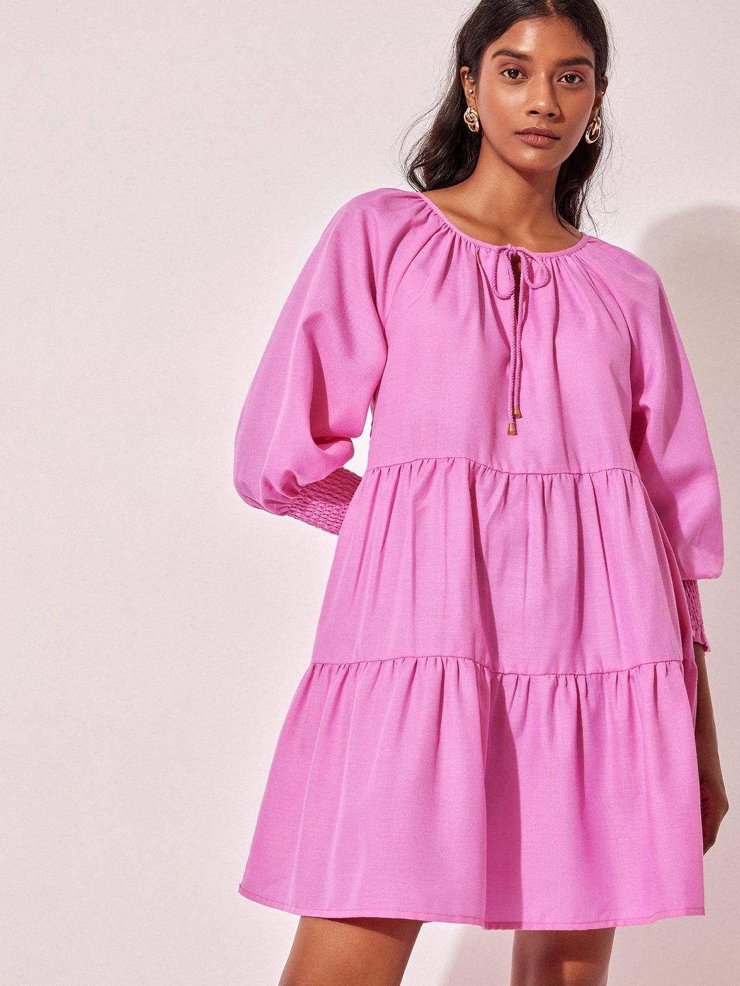 the-label-life-tie-up-neck-puff-sleeve-linen-fit-&-flare-dress