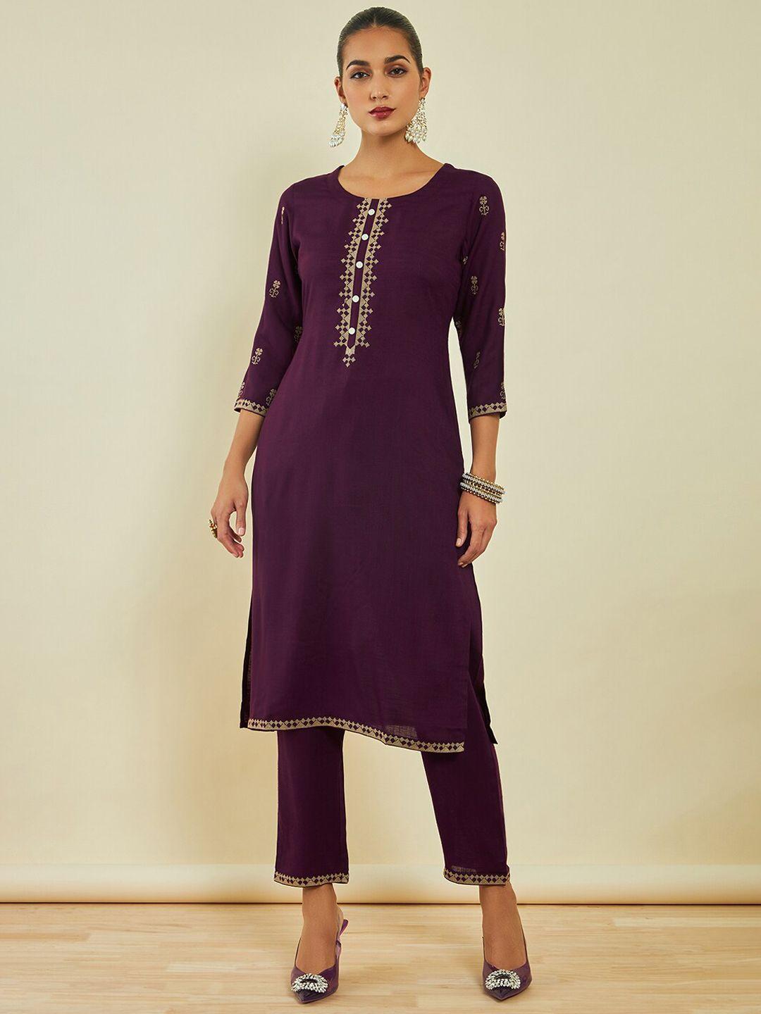 soch-violet-ethnic-motifs-yoke-design-regular-thread-work-kurta-with-trousers