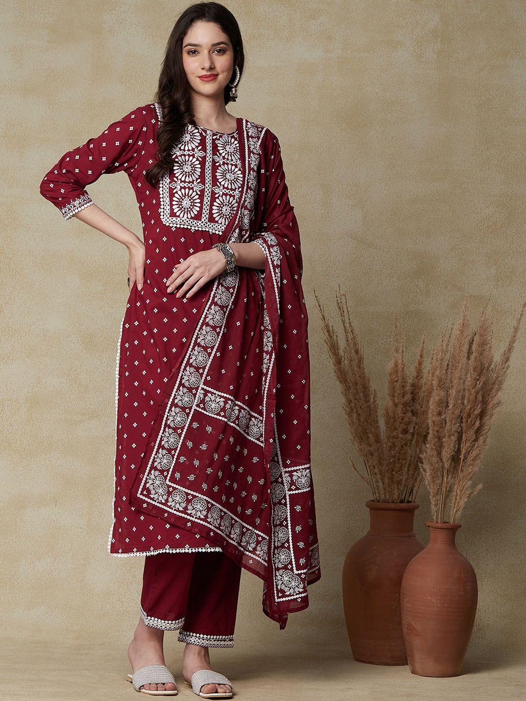 fashor-maroon-printed-thread-work-pure-cotton-kurta-with-trousers-&-with-dupatta