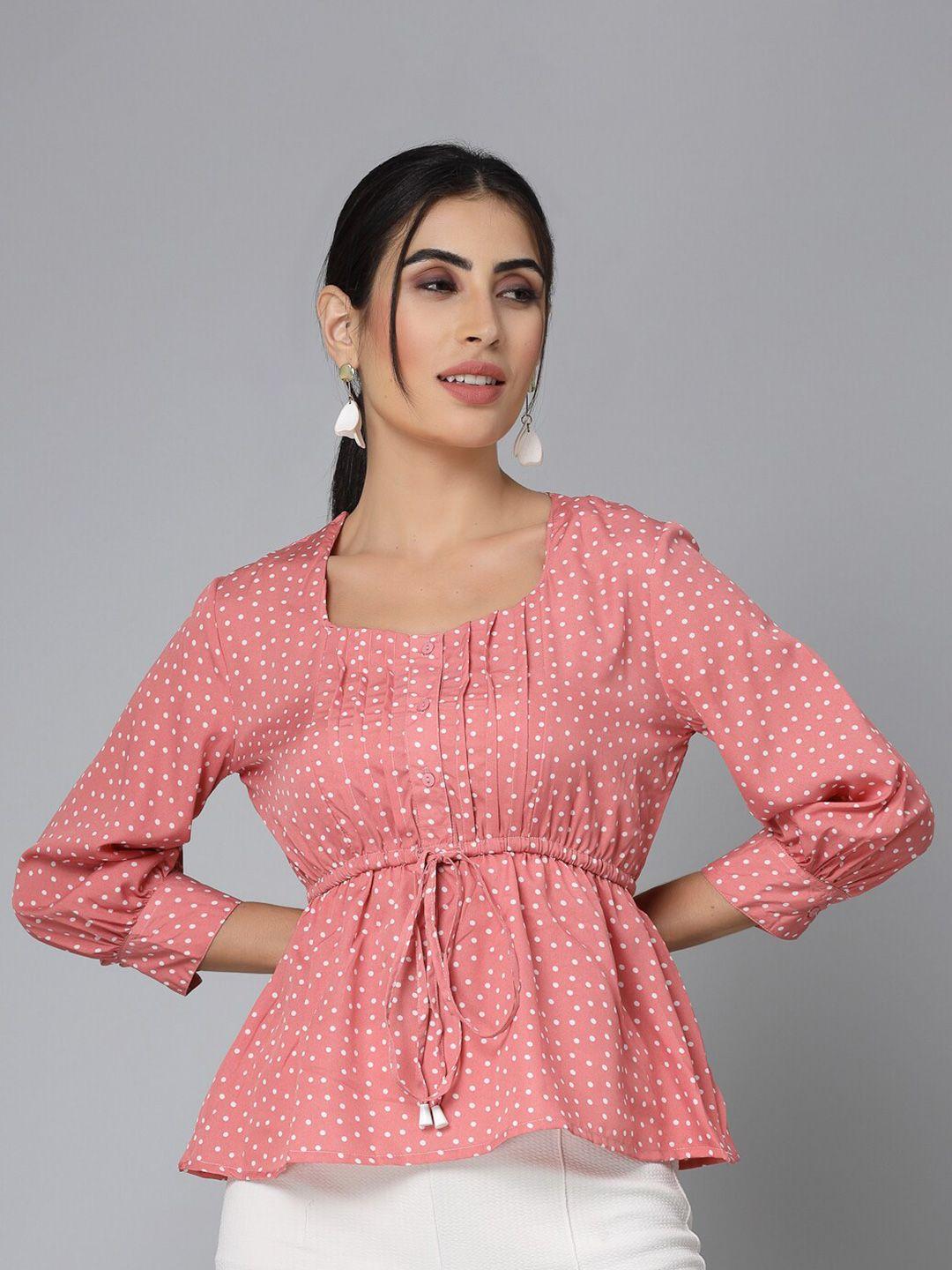 style-quotient-pink-polka-dot-printed-cuffed-sleeve-empire-top