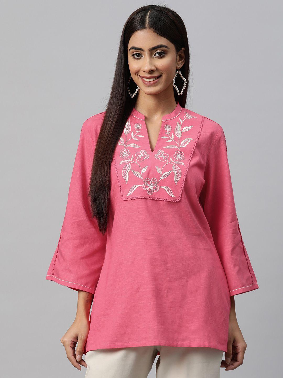 nayam-by-lakshita-floral-embroidered-mandarin-collar-bell-sleeve-cotton-top