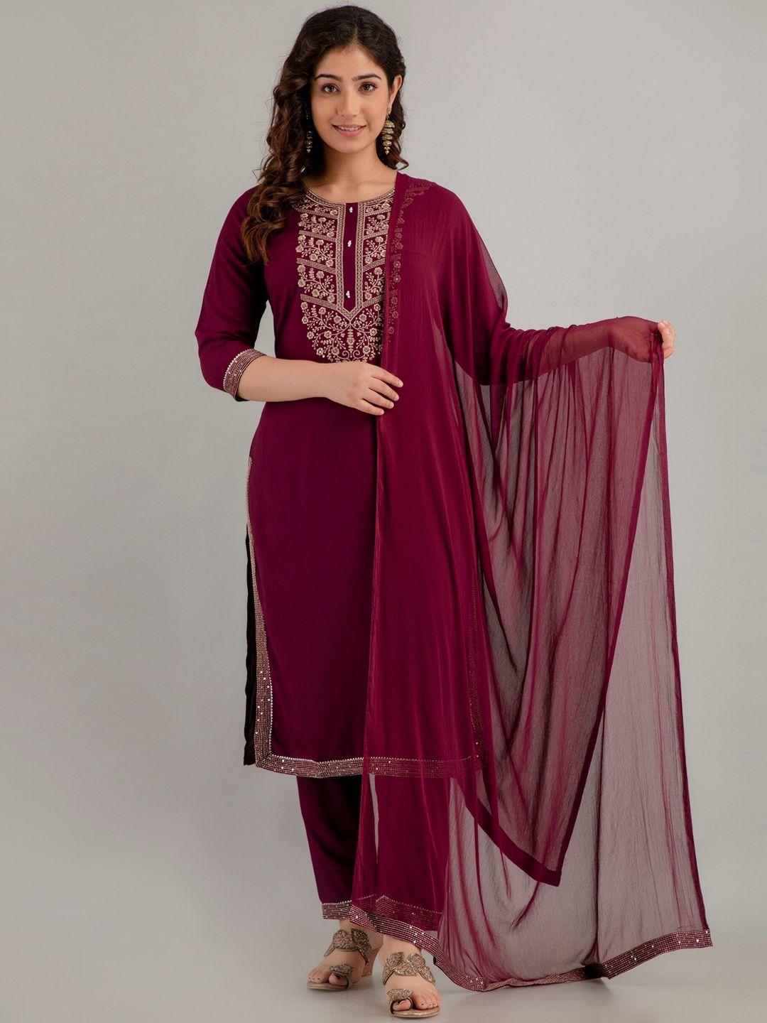 charu-women-violet-floral-embroidered-regular-thread-work-kurta-with-trousers-&-with-dupatta