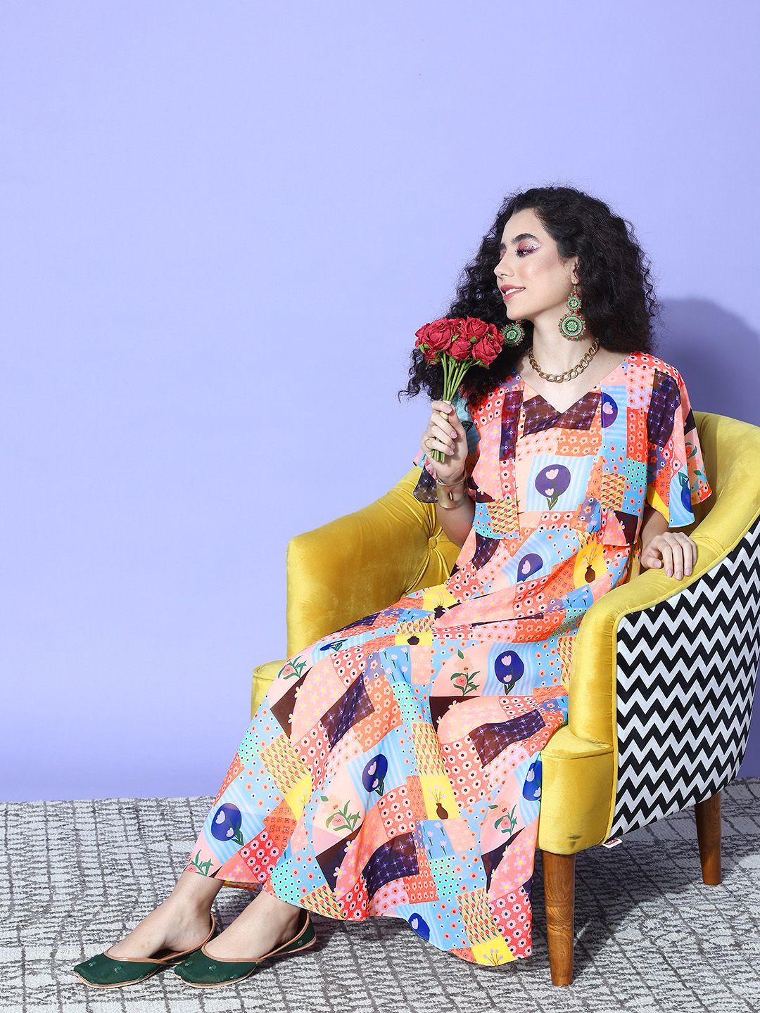 varanga-abstract-printed-flared-sleeve-georgette-a-line-maxi-dress