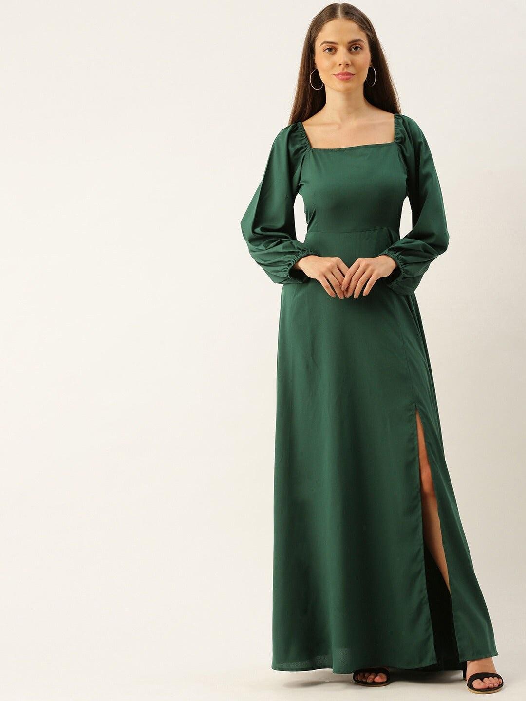 femvy-green-puff-sleeve-applique-maxi-dress