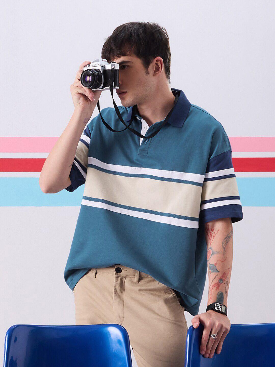 the-souled-store-blue-&-beige-colourblocked-polo-collar-pure-cotton-casual-t-shirt