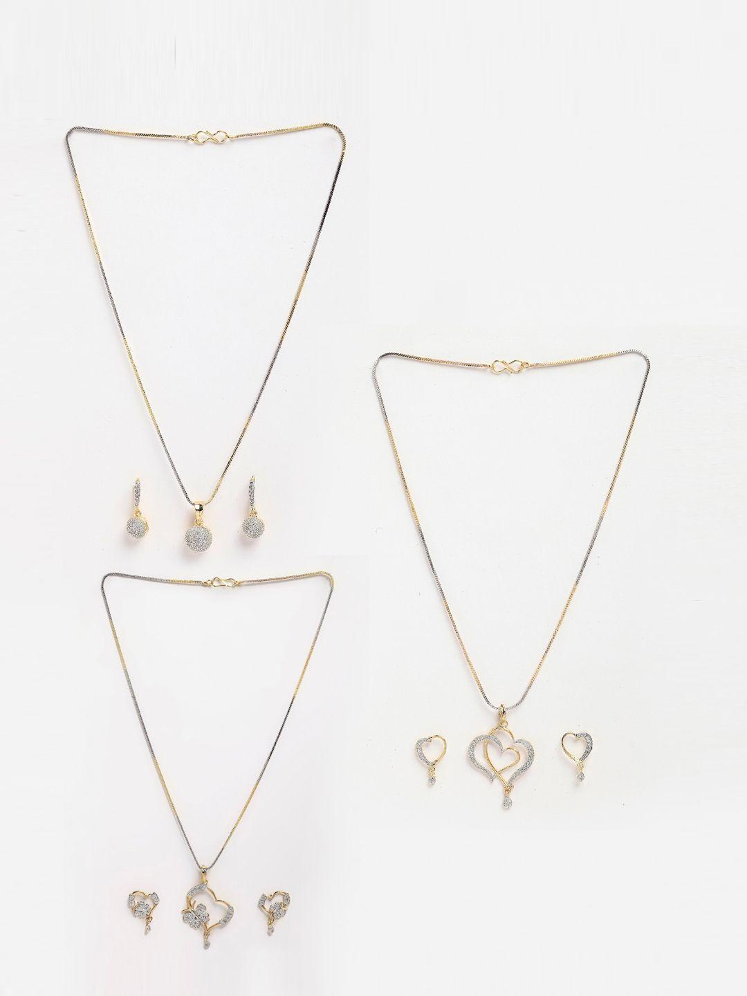 dressberry-set-of-3-gold-plated-cz-studded-heart-shaped-pendant-with-chain-&-earrings