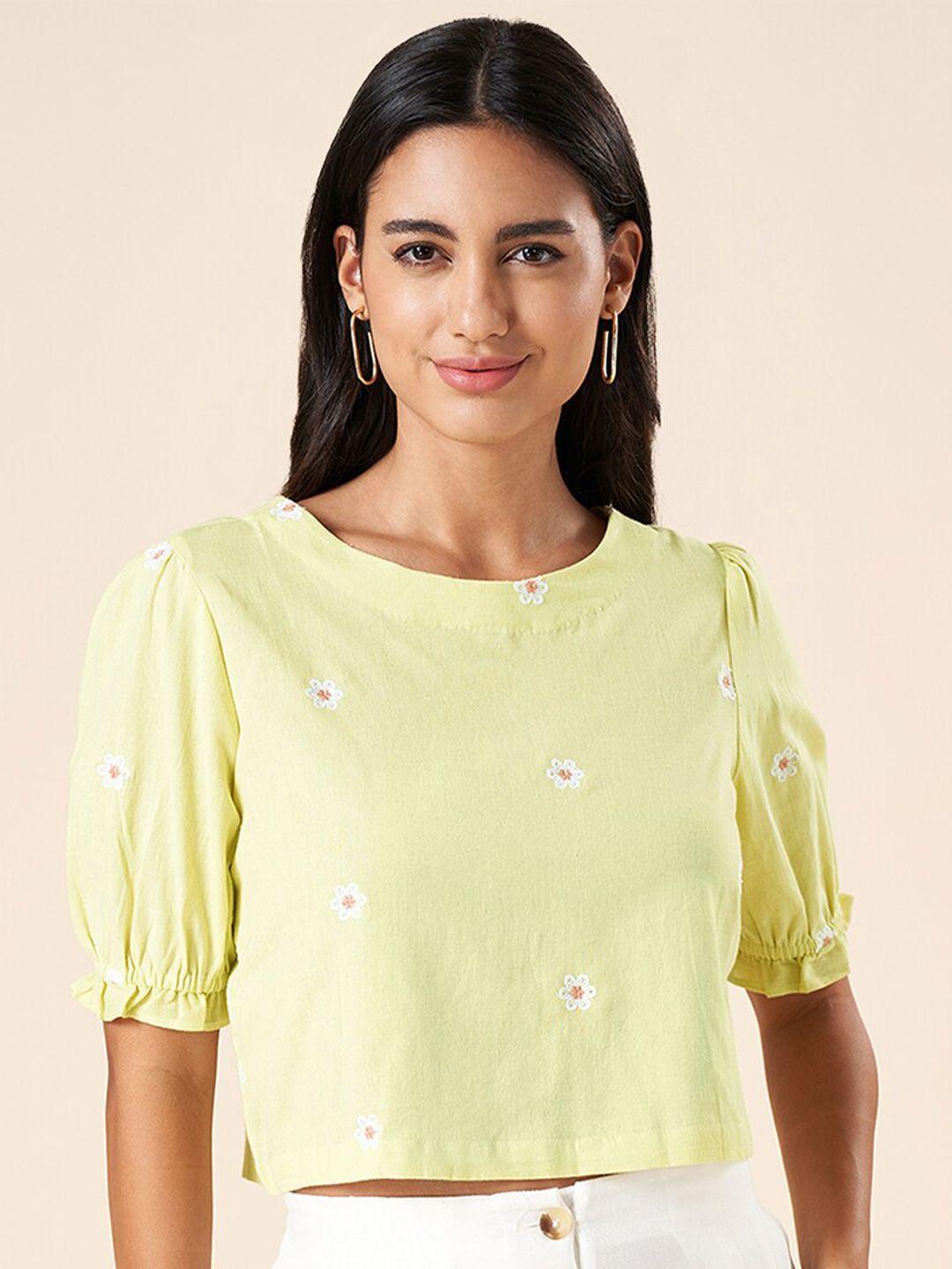 akkriti-by-pantaloons-lime-green-embellished-puff-sleeve-cotton-crop-top