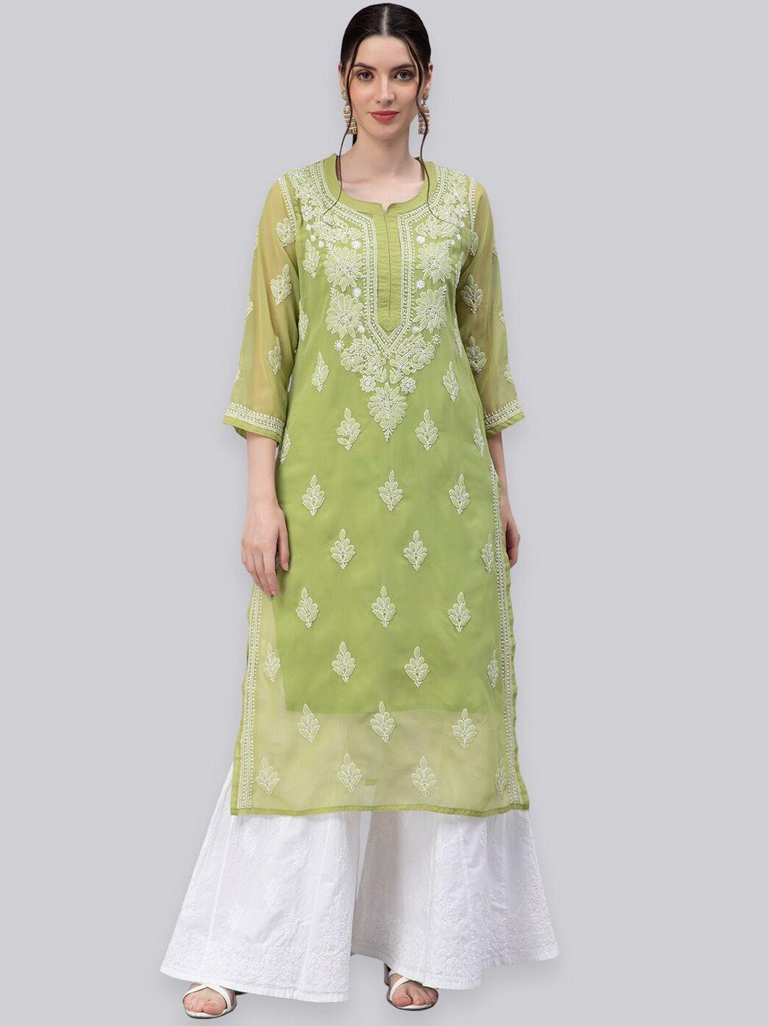 seva-chikan-women-green-ethnic-motifs-embroidered-flared-sleeves-chikankari-handloom-georgette-kurta