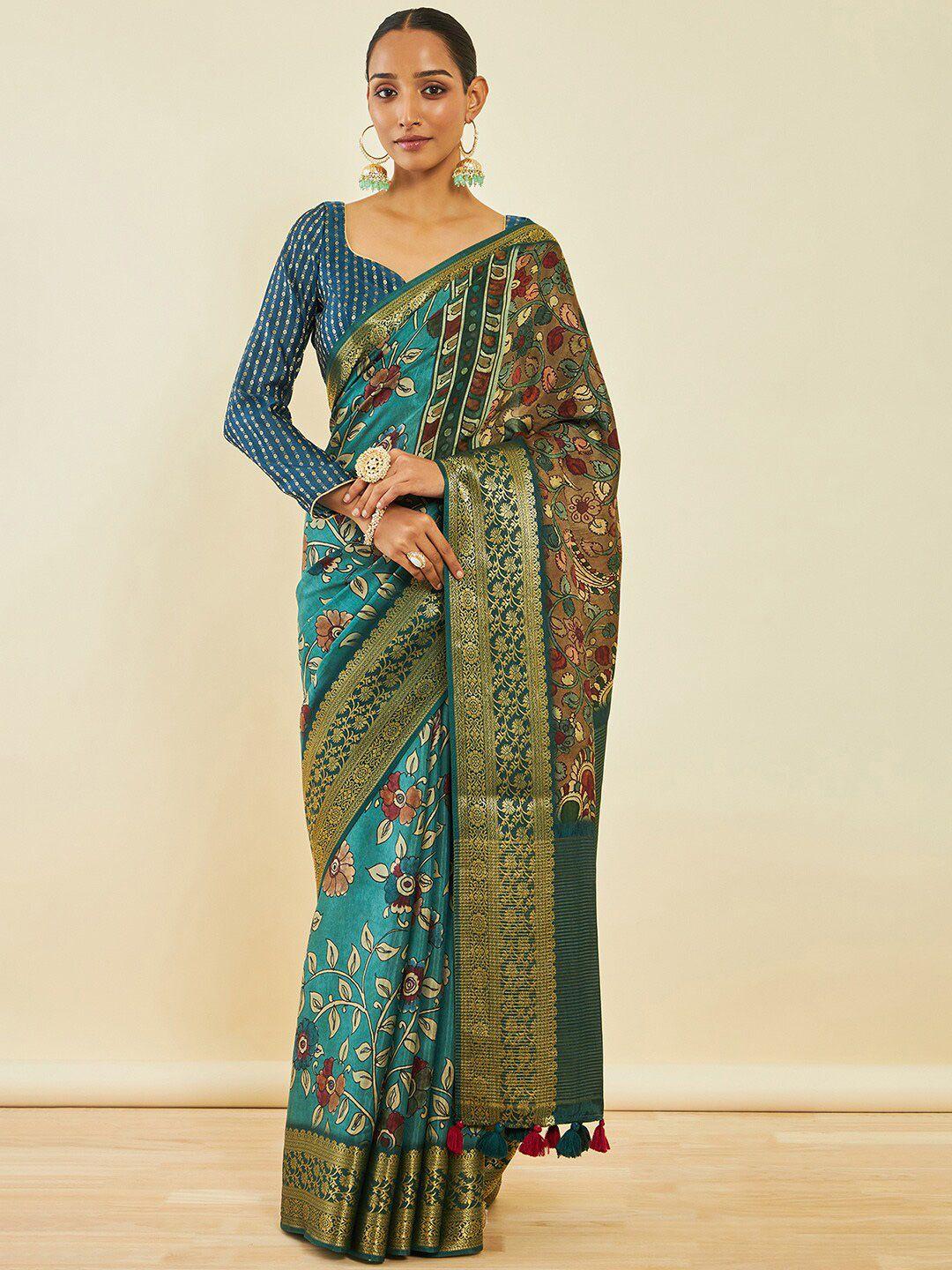 soch-turquoise-blue-&-gold-toned-floral-printed-zari-kalamkari-saree