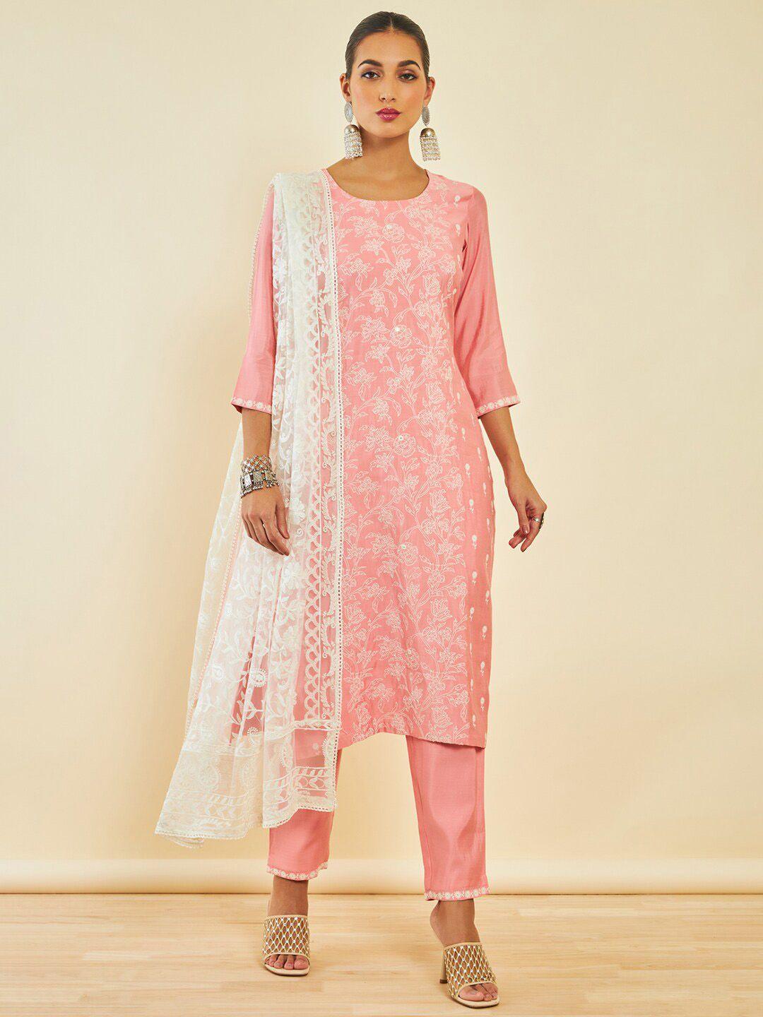 soch-peach-coloured-floral-embroidered-regular-thread-work-kurta-with-trousers-&-dupatta