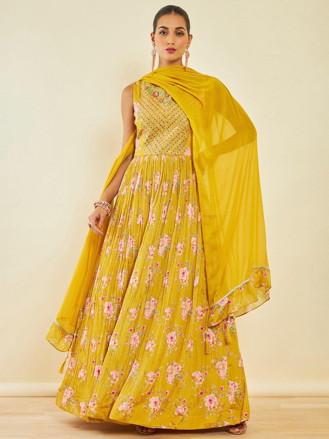 soch-mustard-yellow-floral-printed-sequinned-anarkali-kurta-with-churidar-&-dupatta