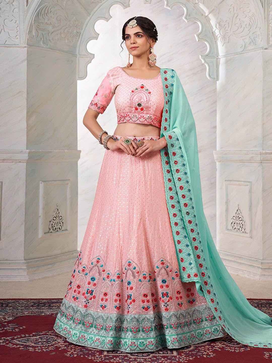 fusionic-pink-&-green-embroidered-thread-work-semi-stitched-lehenga-&-unstitched-blouse-with-dupatta