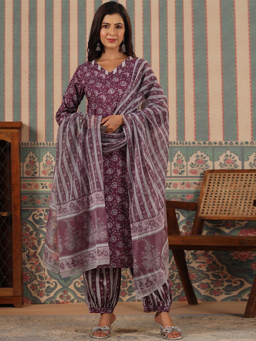 readiprint-fashions-women-violet-floral-printed-regular-pure-cotton-kurta-with-trousers-&-with-dupatta