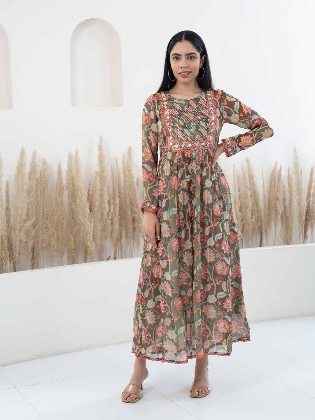 sangria-green-floral-printed-pleated-a-line-midi-ethnic-dress
