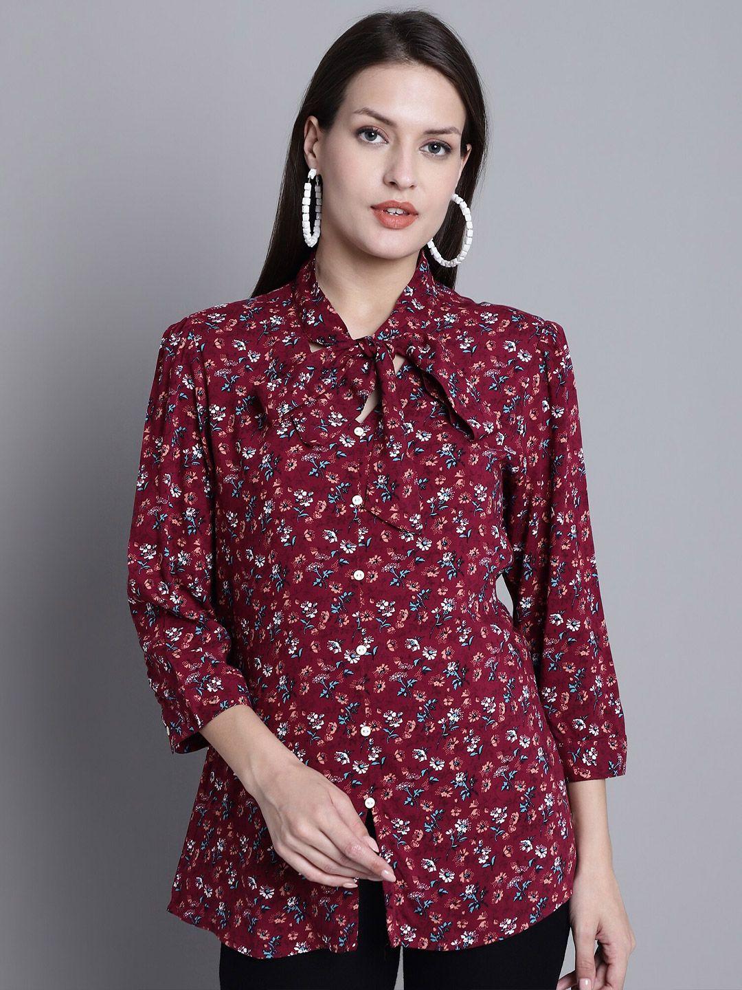 cantabil-maroon-floral-print-tie-up-neck-top