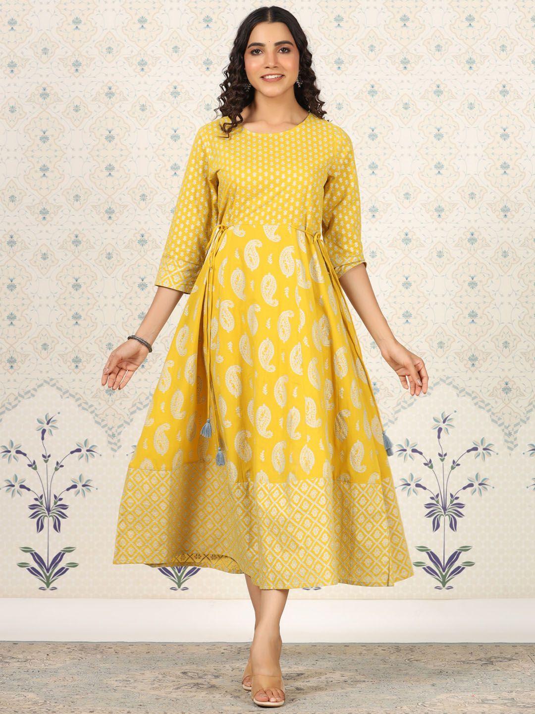 ode-by-house-of-pataudi-ethnic-motifs-printed-round-neck-tie-up-cotton-midi-ethnic-dress