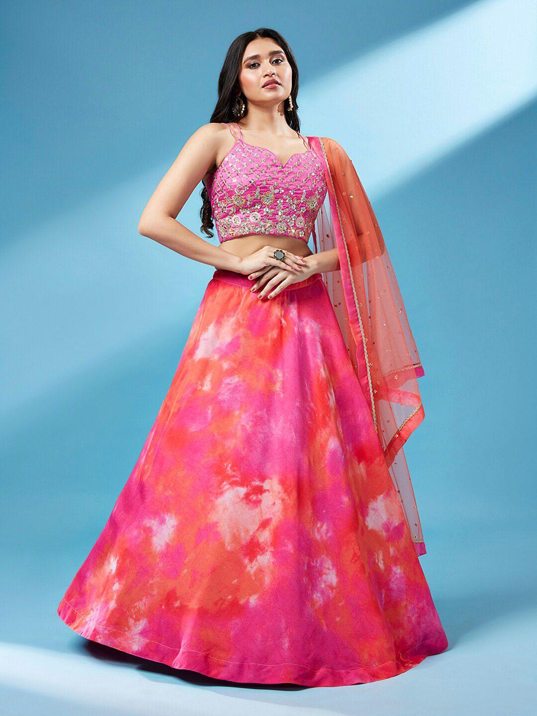 panchhi-orange-&-pink-embroidered-beads-and-stones-shibori-ready-to-wear-lehenga-&-unstitched-blouse-with