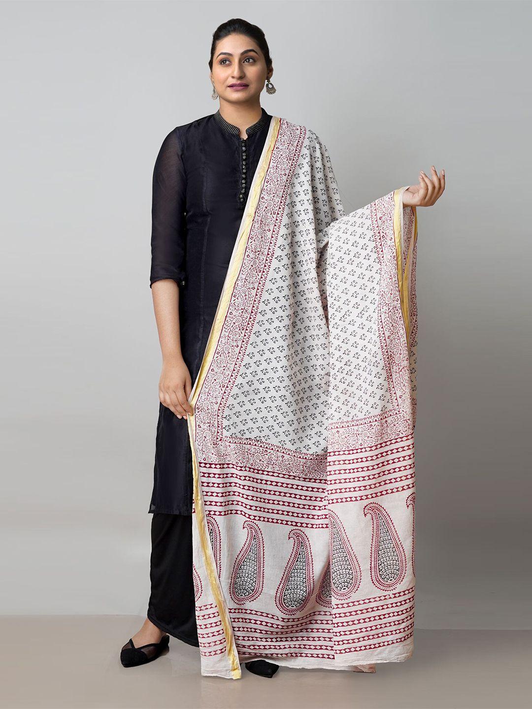unnati-silks-off-white-&-black-ethnic-motifs-printed-pure-cotton-dupatta-with-zari