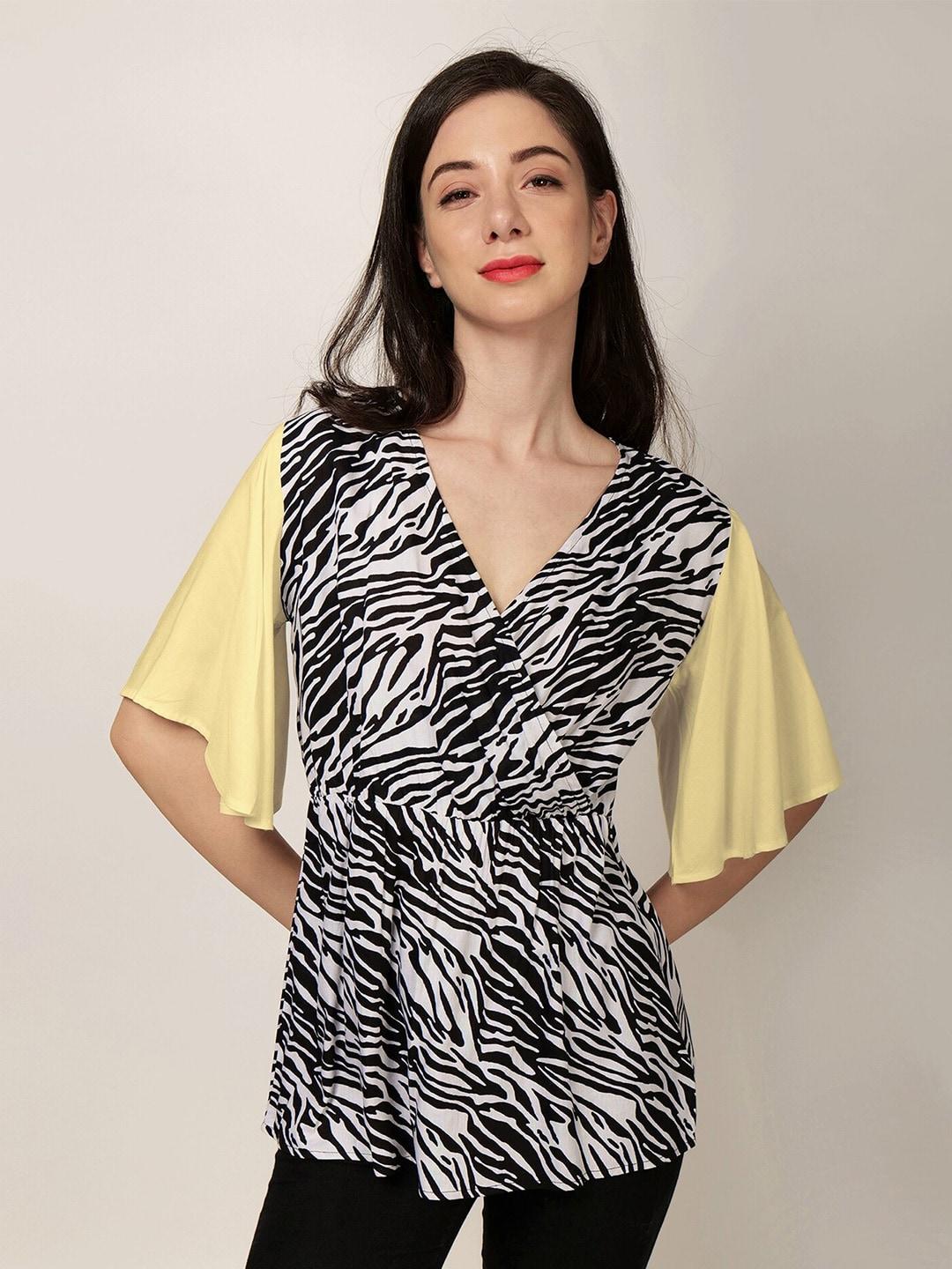 patrorna-animal-printed-flared-sleeves-wrap-cotton-top