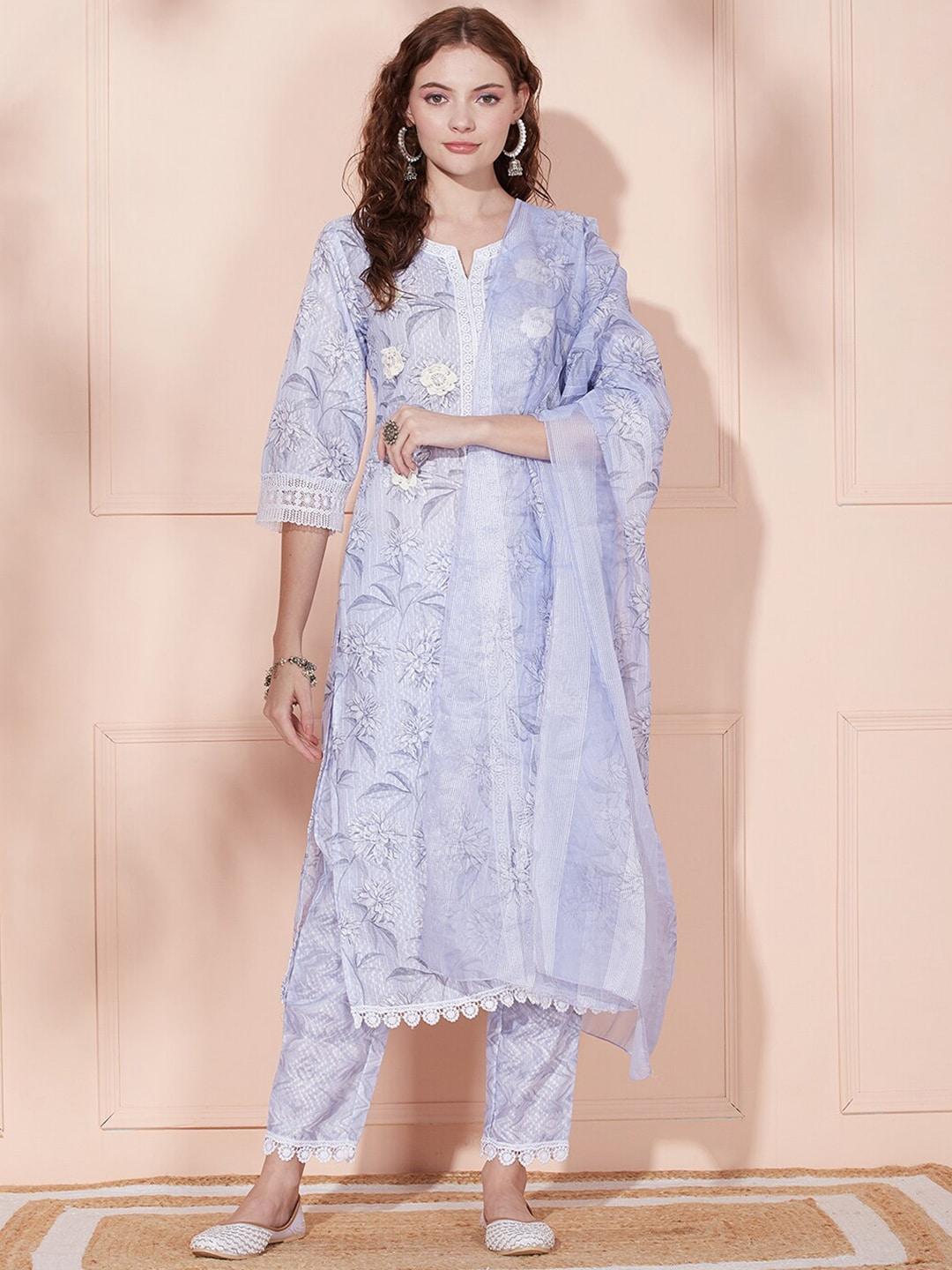 fashor-women-lavender-floral-printed-regular-thread-work-pure-cotton-kurta-with-trousers-&-with-dupatta
