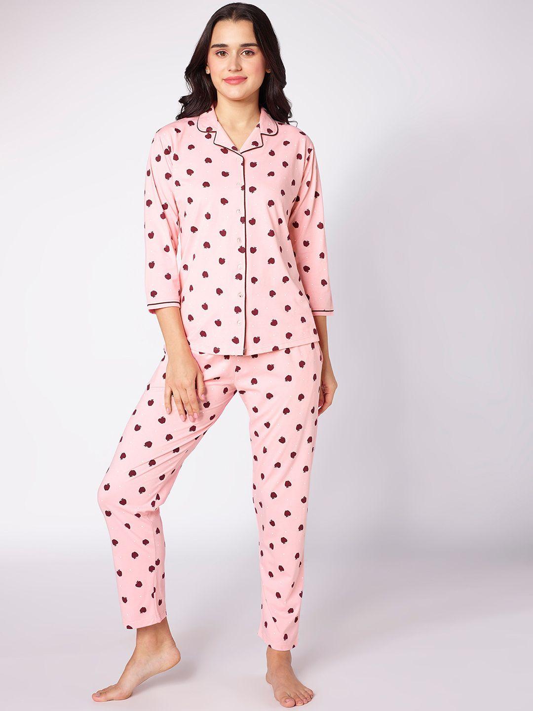 beebelle-pink-&-red-polka-dots-printed-lapel-collar-night-suit