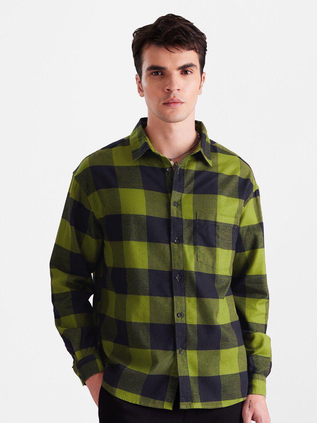 the-souled-store-green-buffalo-checked-spread-collar-pure-cotton-casual-shirt