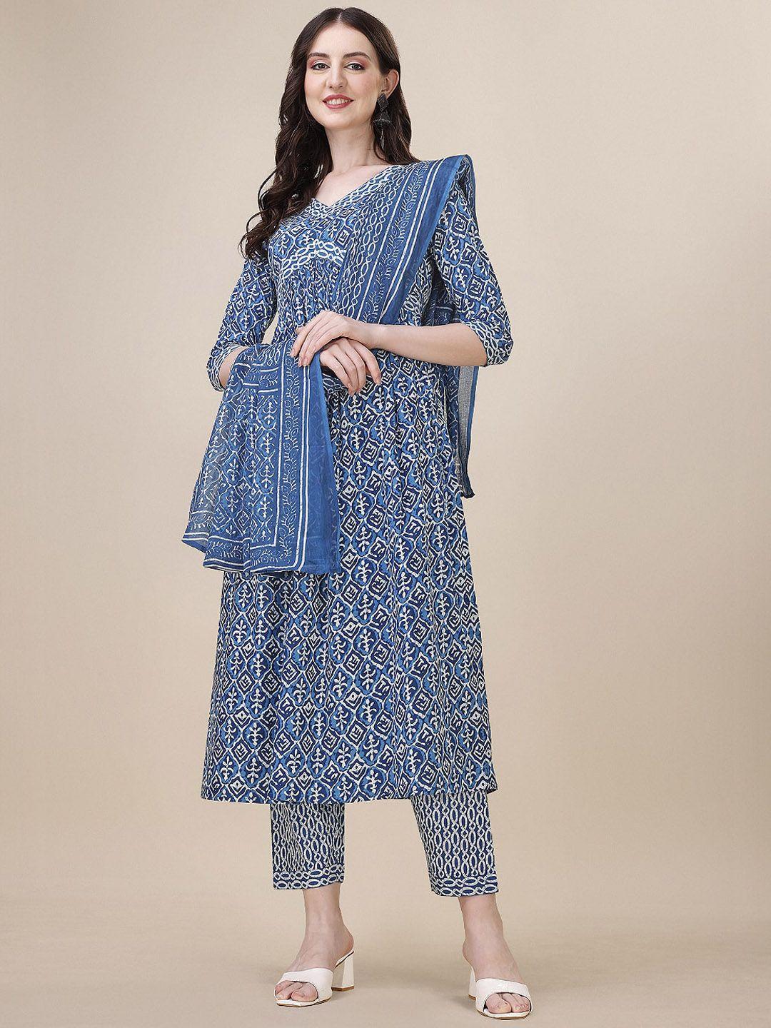 berrylicious-ethnic-motifs-printed-pleated-pure-cotton-kurta-&-trousers-with-dupatta