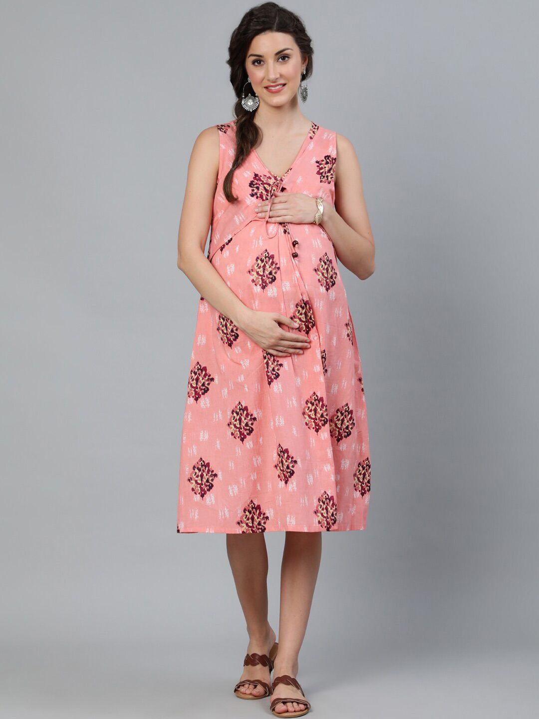 aks-peach-coloured-floral-print-maternity-a-line-midi-dress