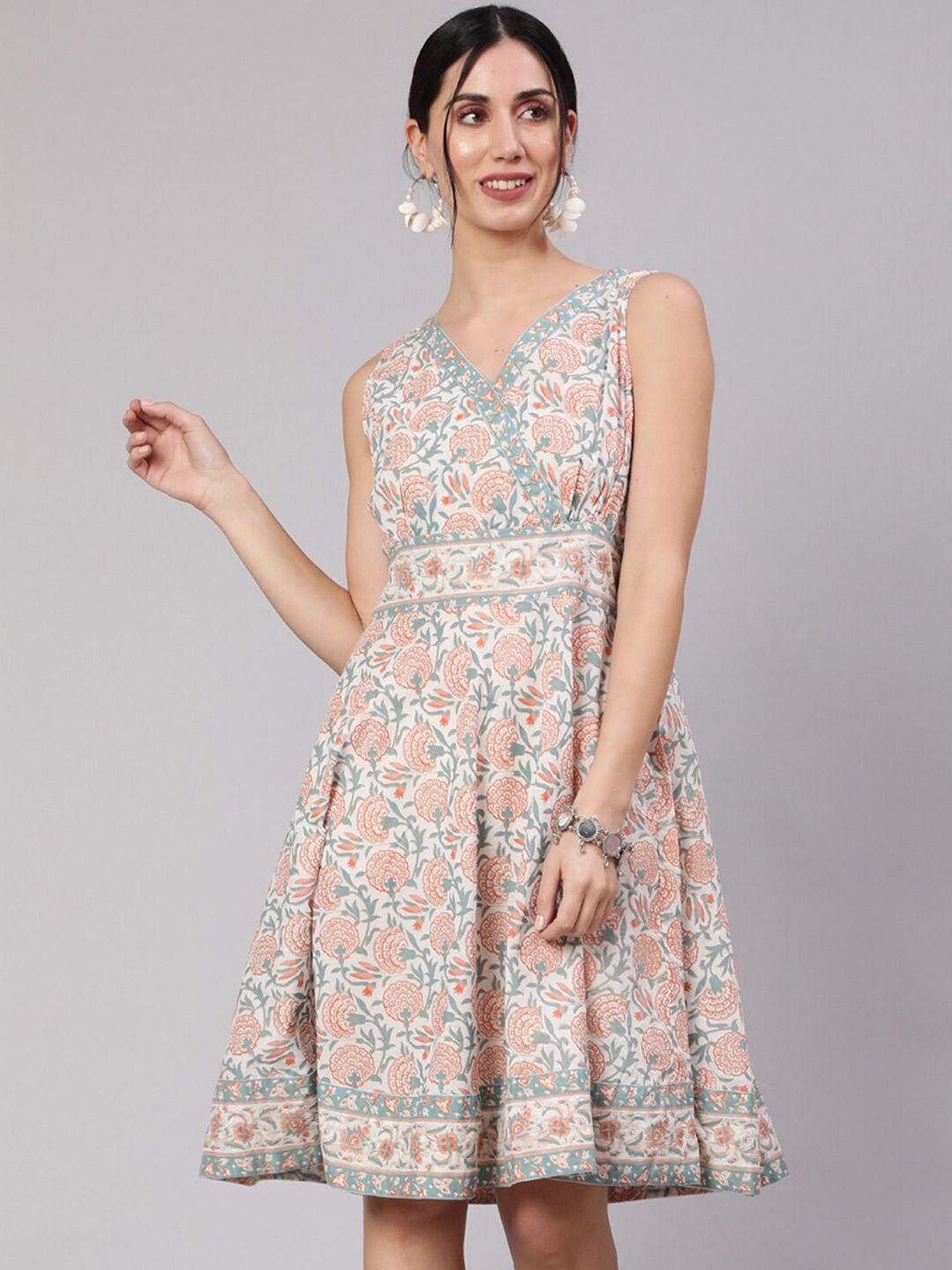 aks-white-floral-print-fit-&-flare-dress
