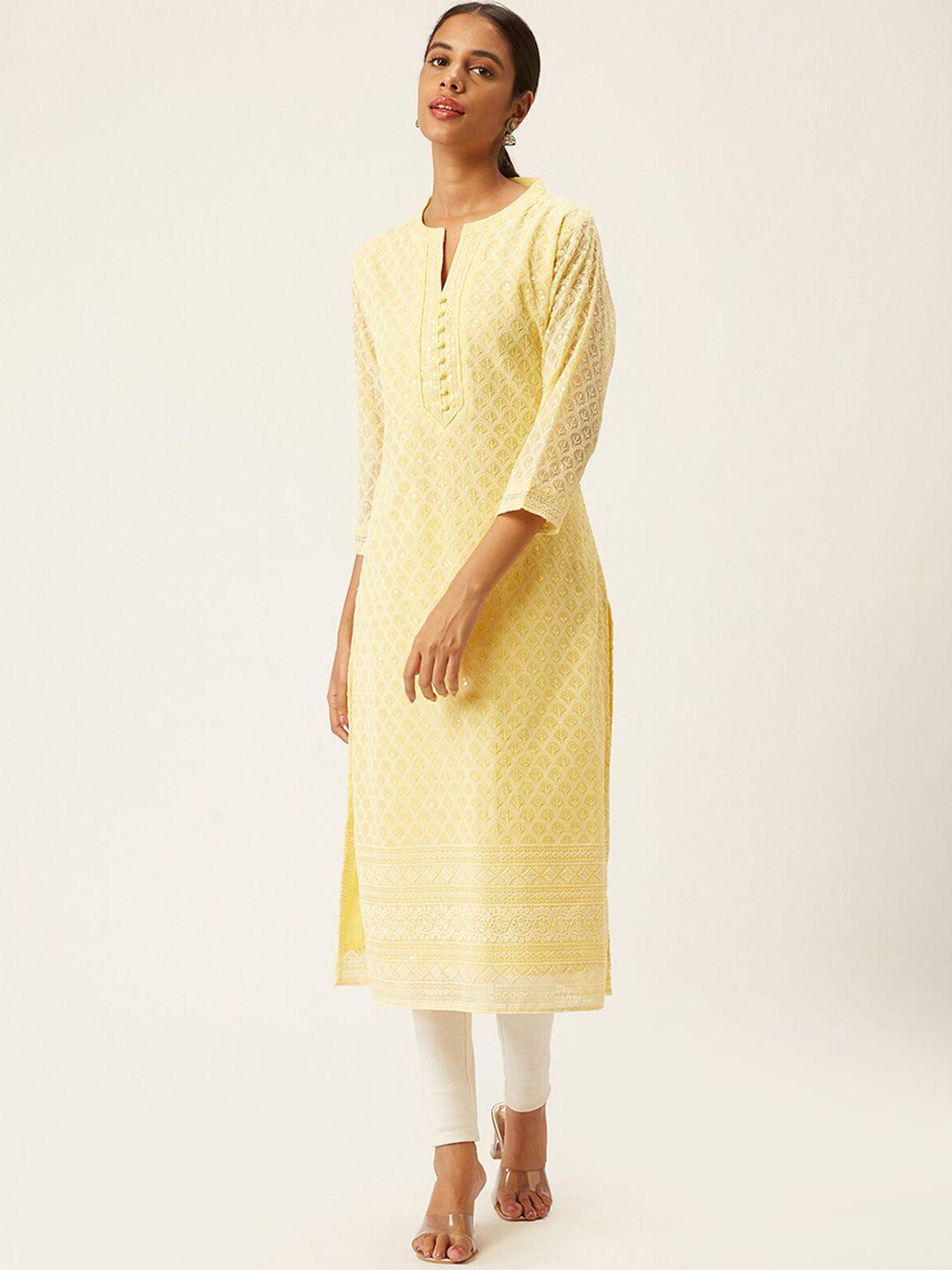 odette-women-yellow-embroidered-keyhole-neck-flared-sleeves-gotta-patti-georgette-kurta