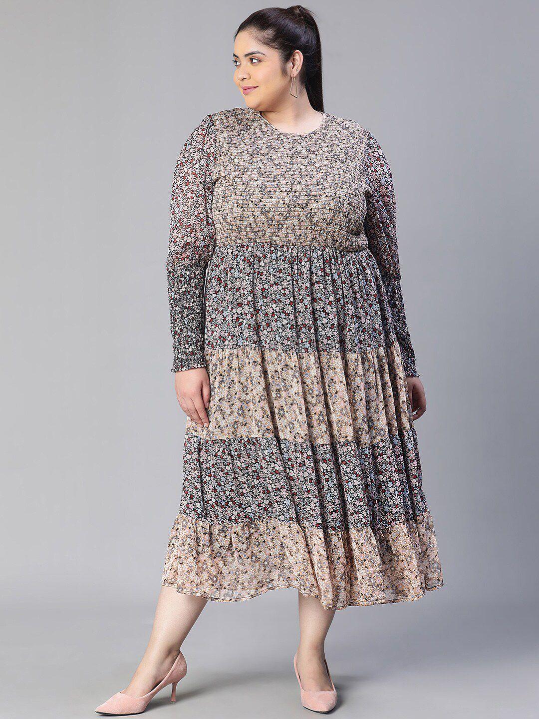 oxolloxo-pluse-size-floral-printed-full-sleeves-fit-&-flare-midi-dress