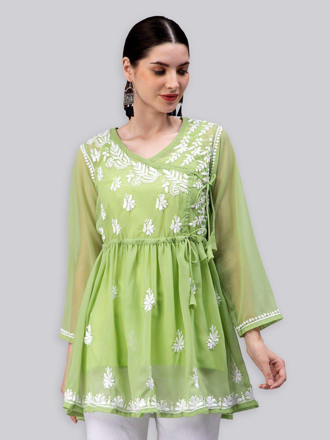 seva-chikan-green-&-white-ethnic-motifs-embroidered-v-neck-chikankari-handloom-chikankari-angrakha-kurti