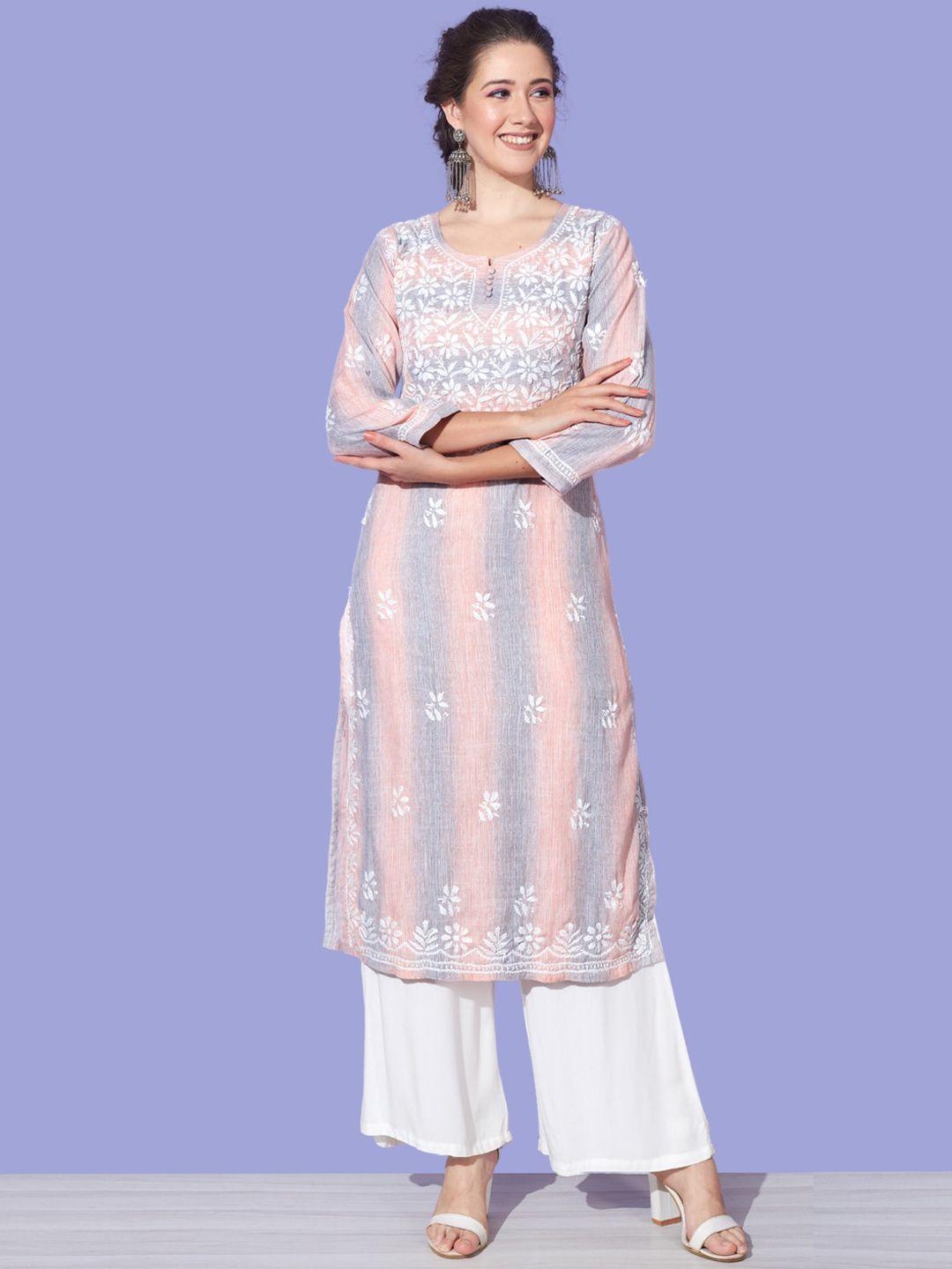 ethnava-women-peach-coloured-geometric-embroidered-keyhole-neck-sequinned-handloom-anarkali-kurta