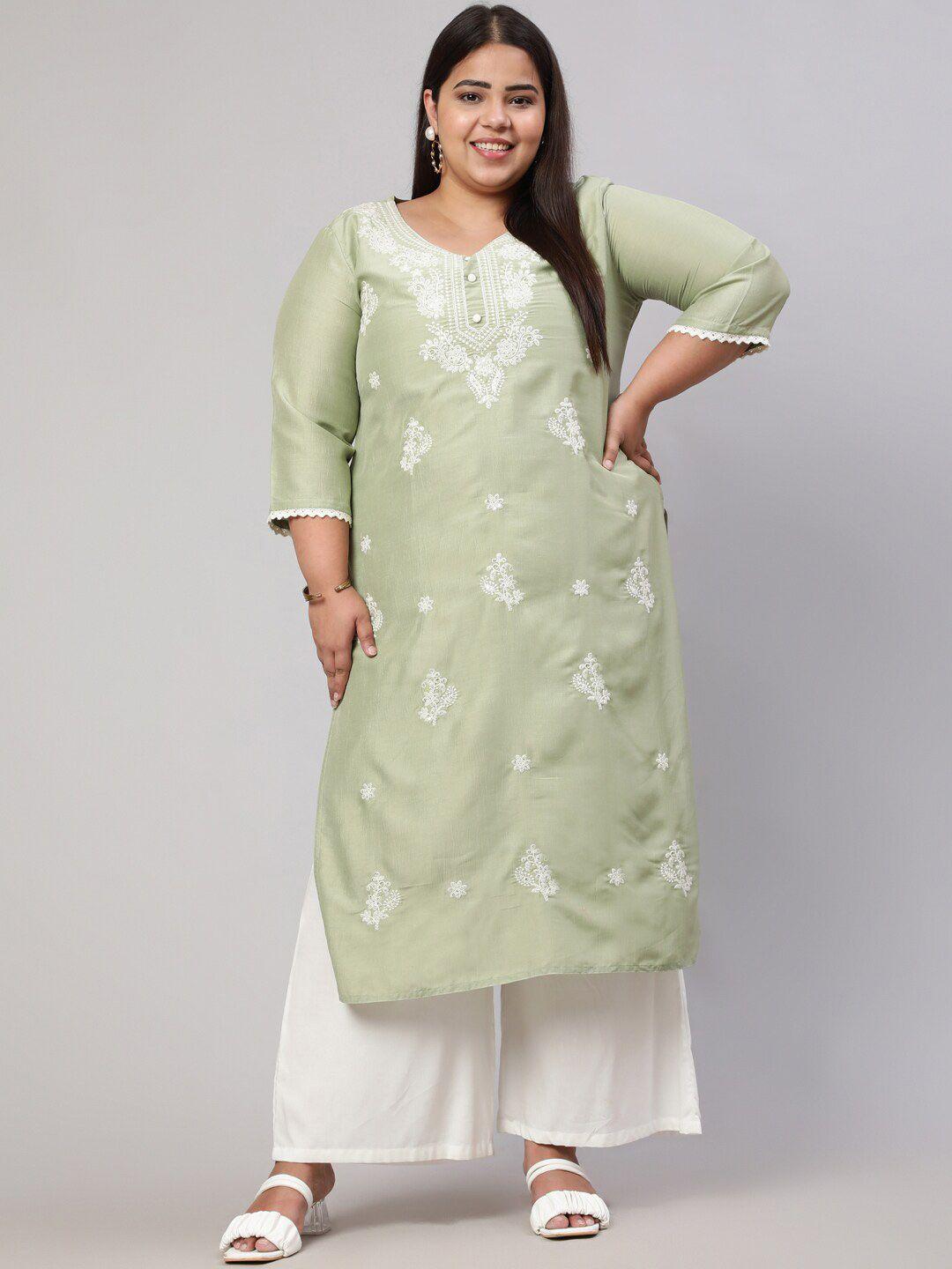 jaipur-kurti-green-plus-size-floral-embroidered-kurta