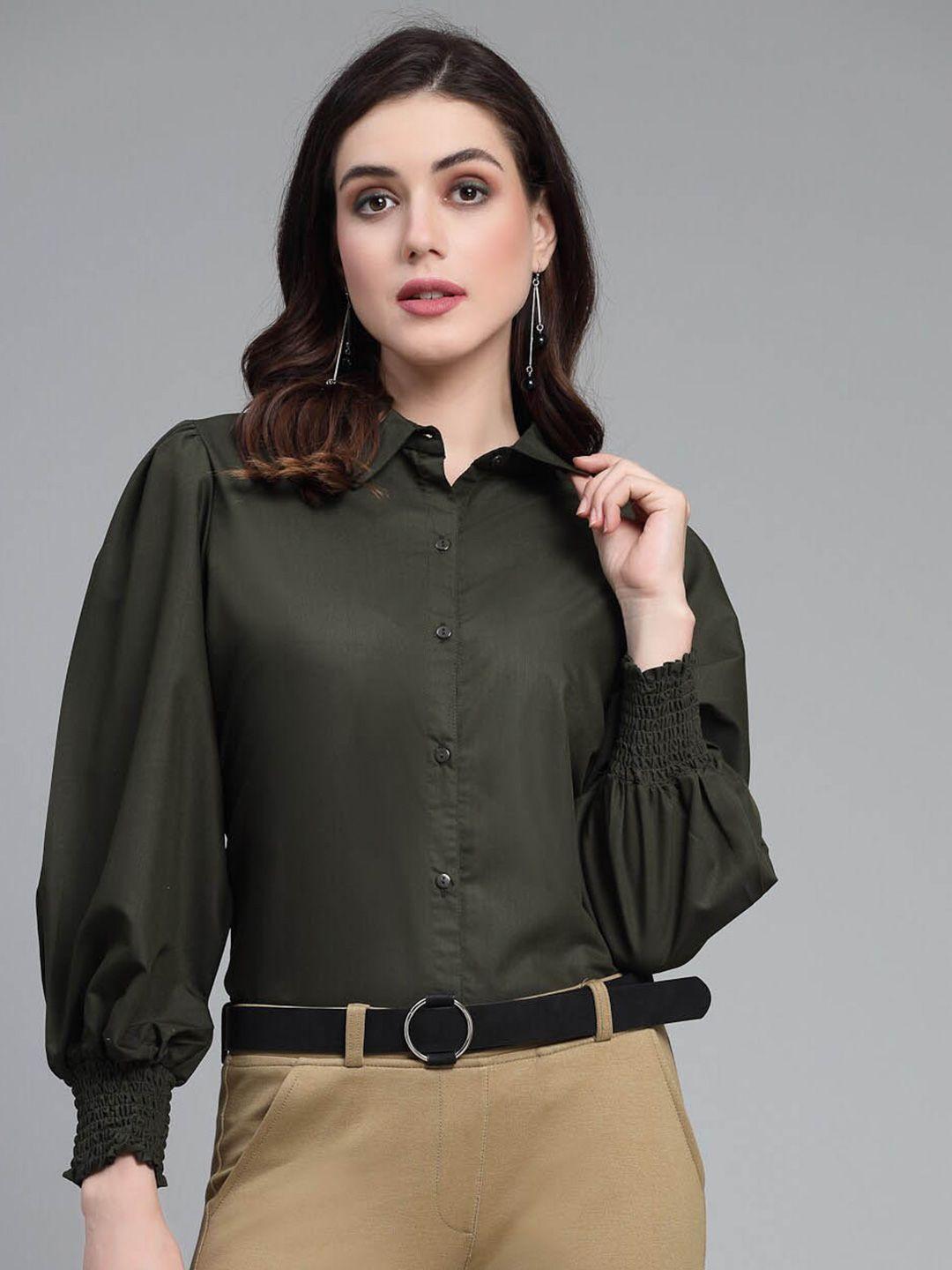 style-quotient-smart-olive-spread-collar-puff-sleeve-opaque-formal-shirt