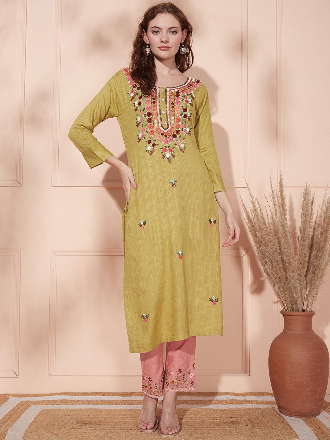 fashor-women-green-embroidered-thread-work-kurta