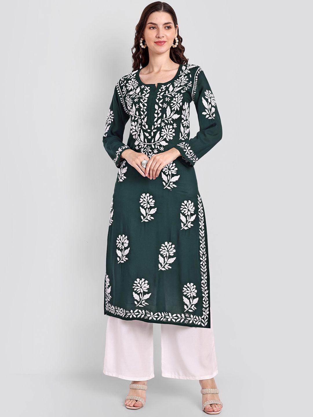 seva-chikan-women-green-ethnic-motifs-embellished-cold-shoulder-sleeves-mirror-work-handloom-kurta