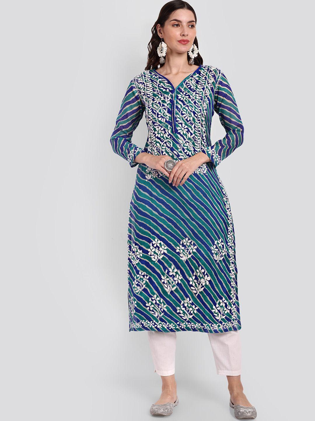 seva-chikan-women-blue-geometric-printed-sequinned-handloom-kurta