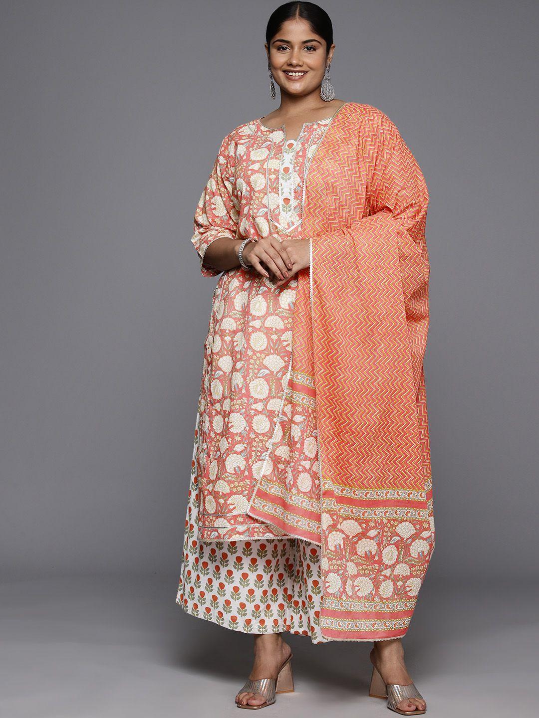 extra-love-by-libas-plus-size-floral-printed-gotta-patti-pure-cotton-kurta-with-palazzos