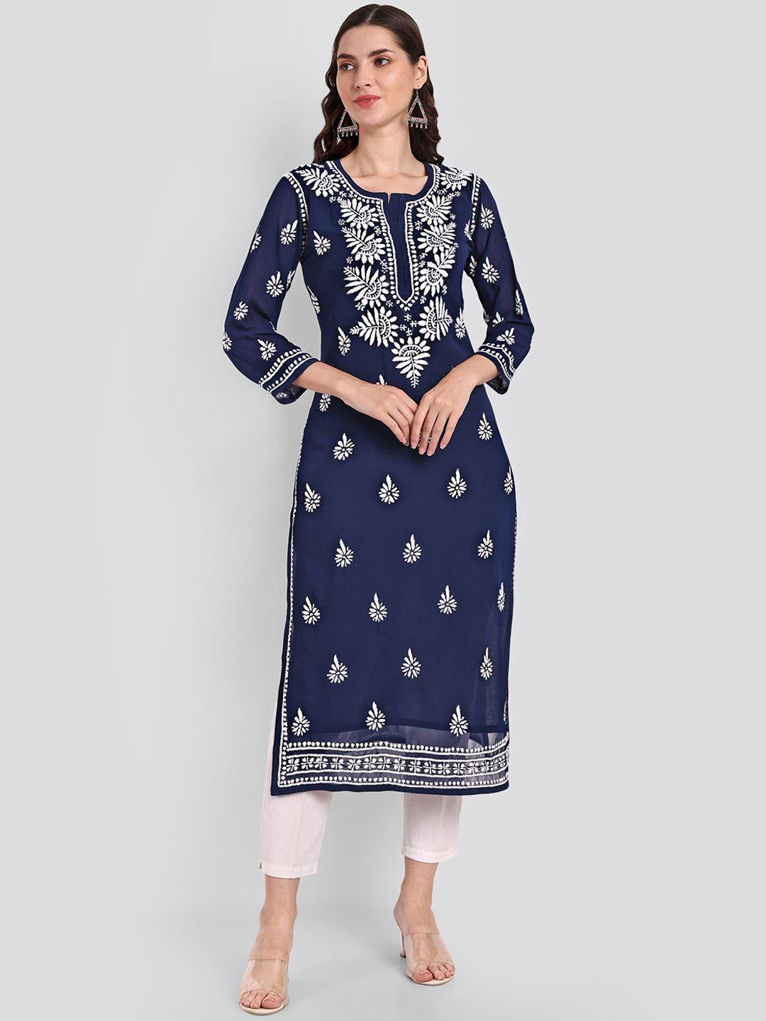 seva-chikan-women-navy-blue-ethnic-motifs-printed-sequinned-handloom-georgette-kurta