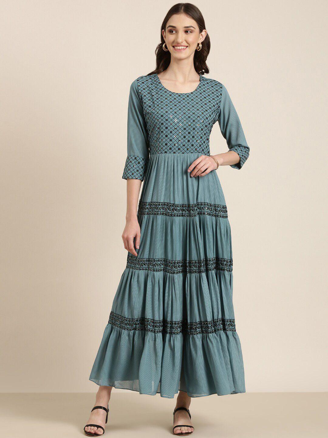 showoff-embellished-round-neck-sequinned-tiered-fit-&-flare-ethnic-dress