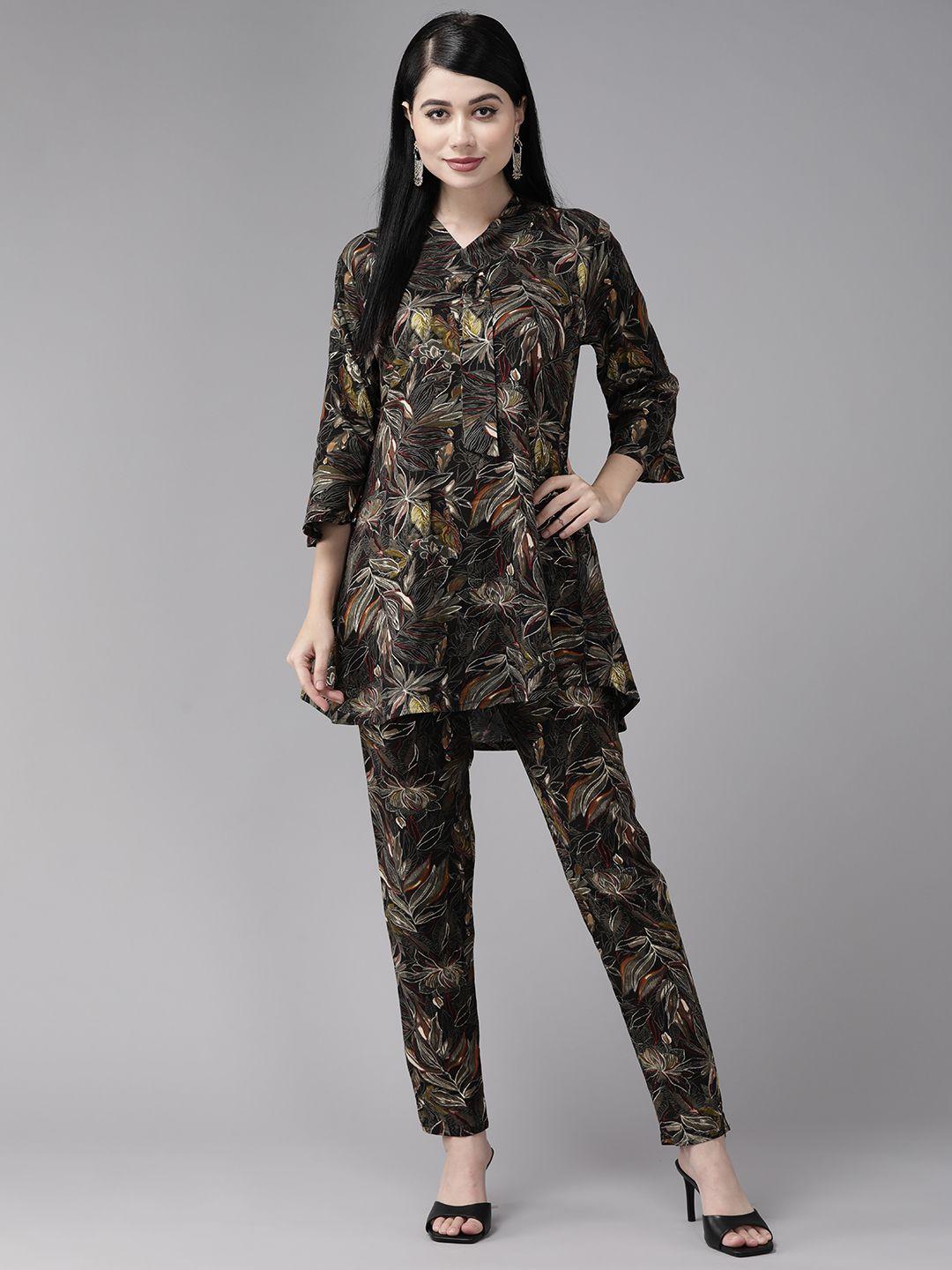 aarika-women-black-floral-printed-regular-pure-cotton-kurta-with-trousers