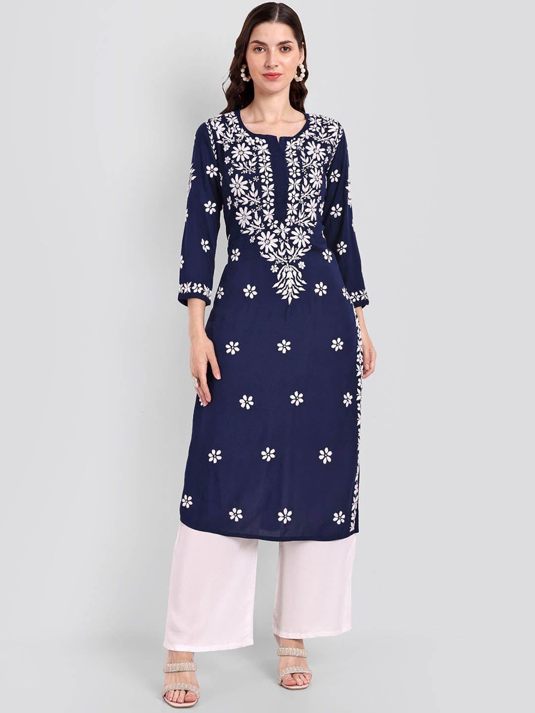 seva-chikan-women-navy-blue-ethnic-motifs-printed-thread-work-floral-handloom-kurta