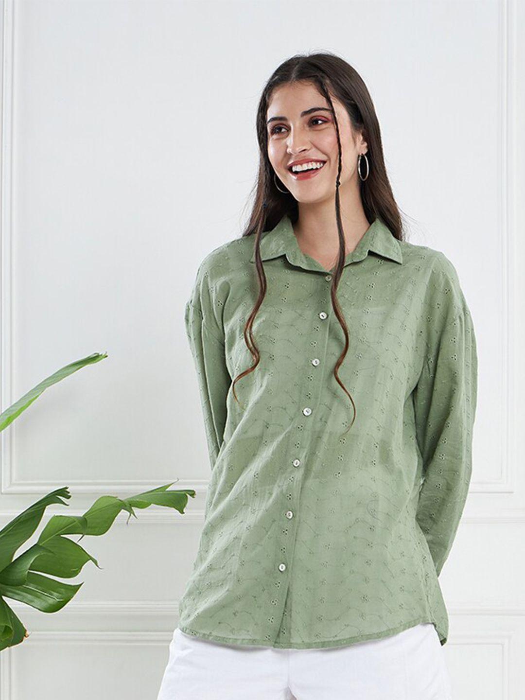 kassually-olive-self-design-spread-collar-long-sleeve-cotton-casual-shirt