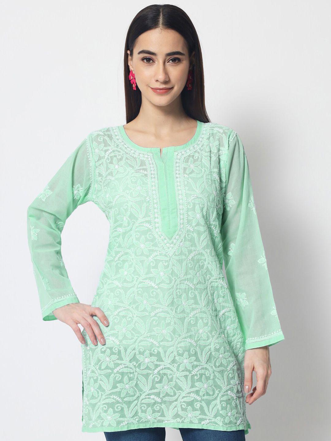 paramount-chikan-green-&-white-ethnic-motifs-embroidered-chikankari-chikankari-kurti