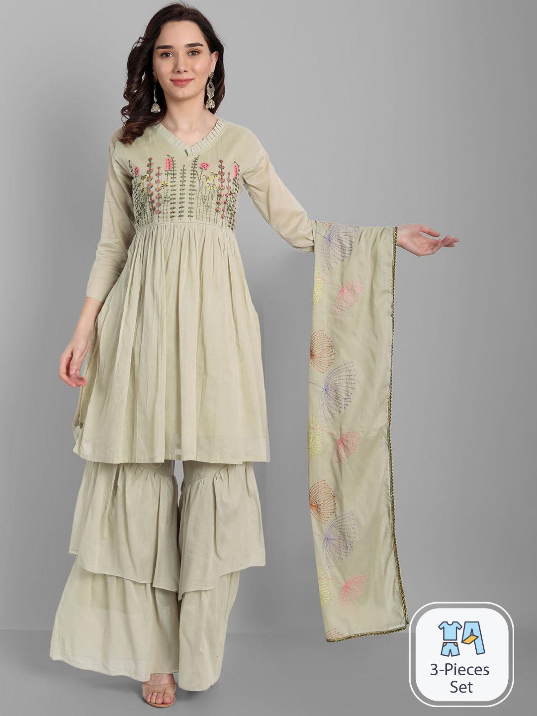 kalini-floral-embroidered-thread-work-pure-cotton-a-line-kurta-&-sharara-with-dupatta