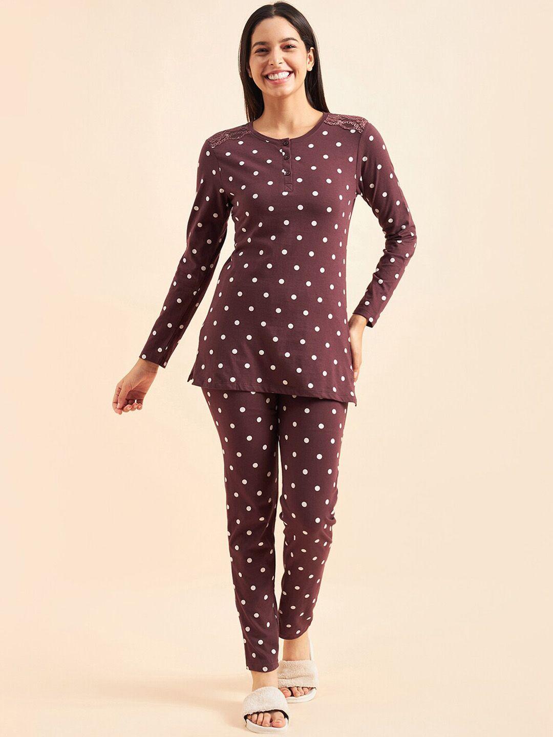 sweet-dreams-brown-&-white-polka-dots-printed-pure-cotton-night-suit